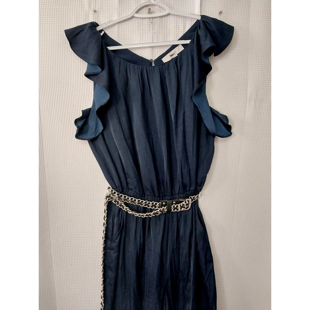 LOFT Navy Ruffle-Sleeve Wide-Leg Jumpsuit - Picture 4 of 11